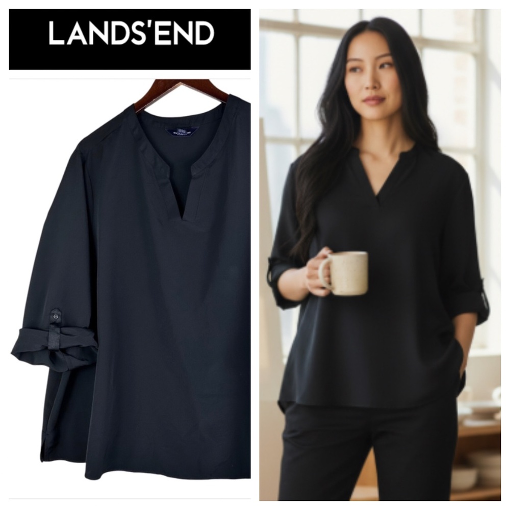 Lands End Sz 28W 4X Top Tunic Popover Shirt Black Silky V-Neck Career Casual